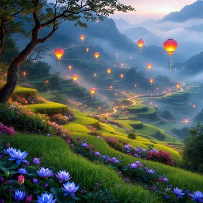 The primary subject of the image is a beautiful mountain landscape with a winding road and a forest of trees. The setting is a lush green hillside with a variety of flowers and lanterns floating in the air. The visual style is a combination of photo and digital art, creating a vibrant and colorful scene. The colors and mood of the image are lively and serene, with the lanterns adding a touch of magic to the landscape.